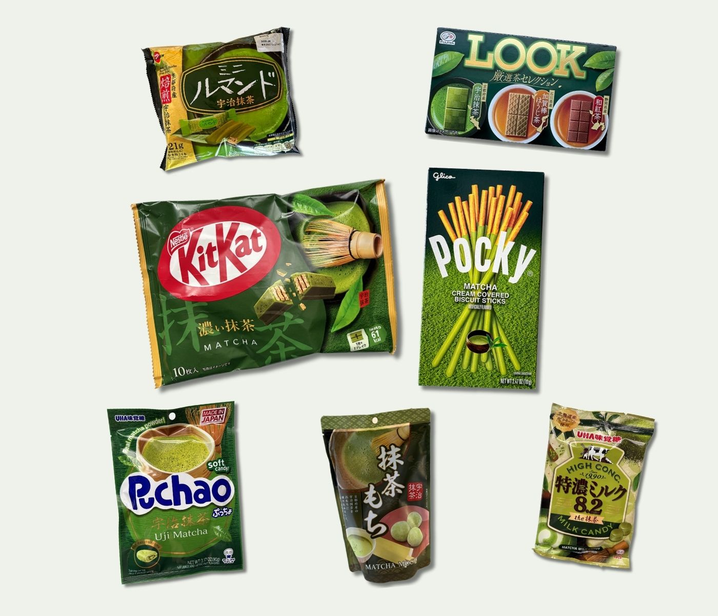 Collage of Japanese matcha snacks including Kit Kat, Pocky, mochi and matcha candies