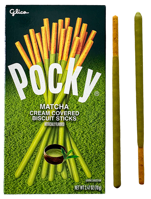 Glico Matcha Pocky cream covered biscuit sticks with two individual Pocky sticks.